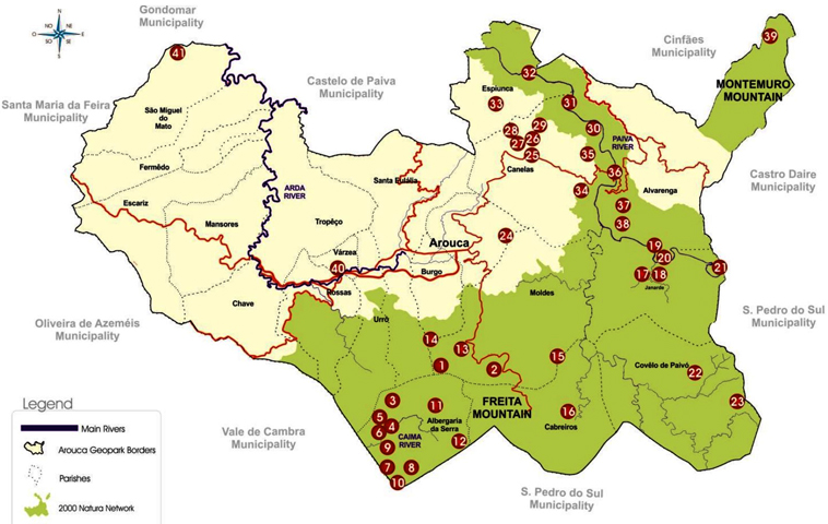 Mapa com todos os Geossítios do Arouca Geopark